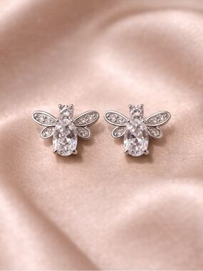 Sterling Silver 925 Sparkling Bee CZ Crystal Stud Earrings - Silver
